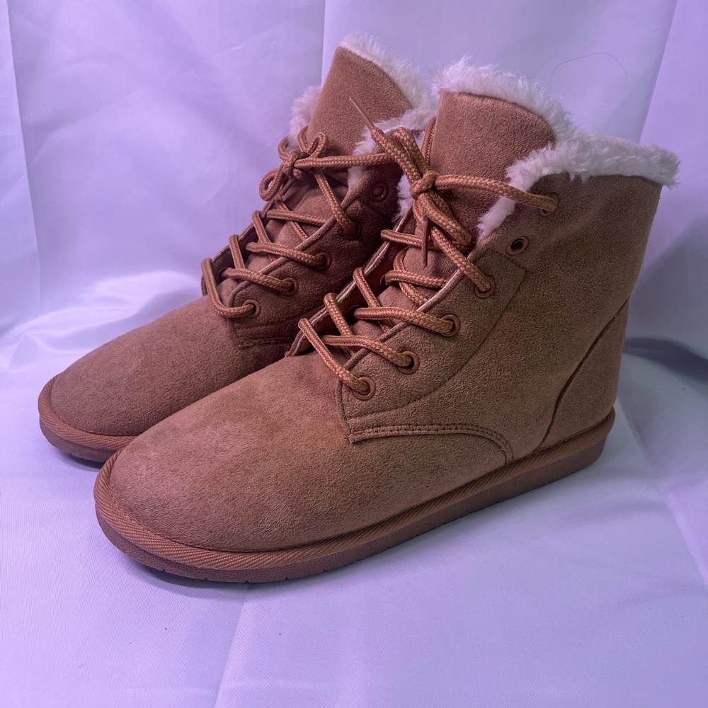 Women's Faux-Suede Lace-Up Fur-Trim Ankle Booties - Tan